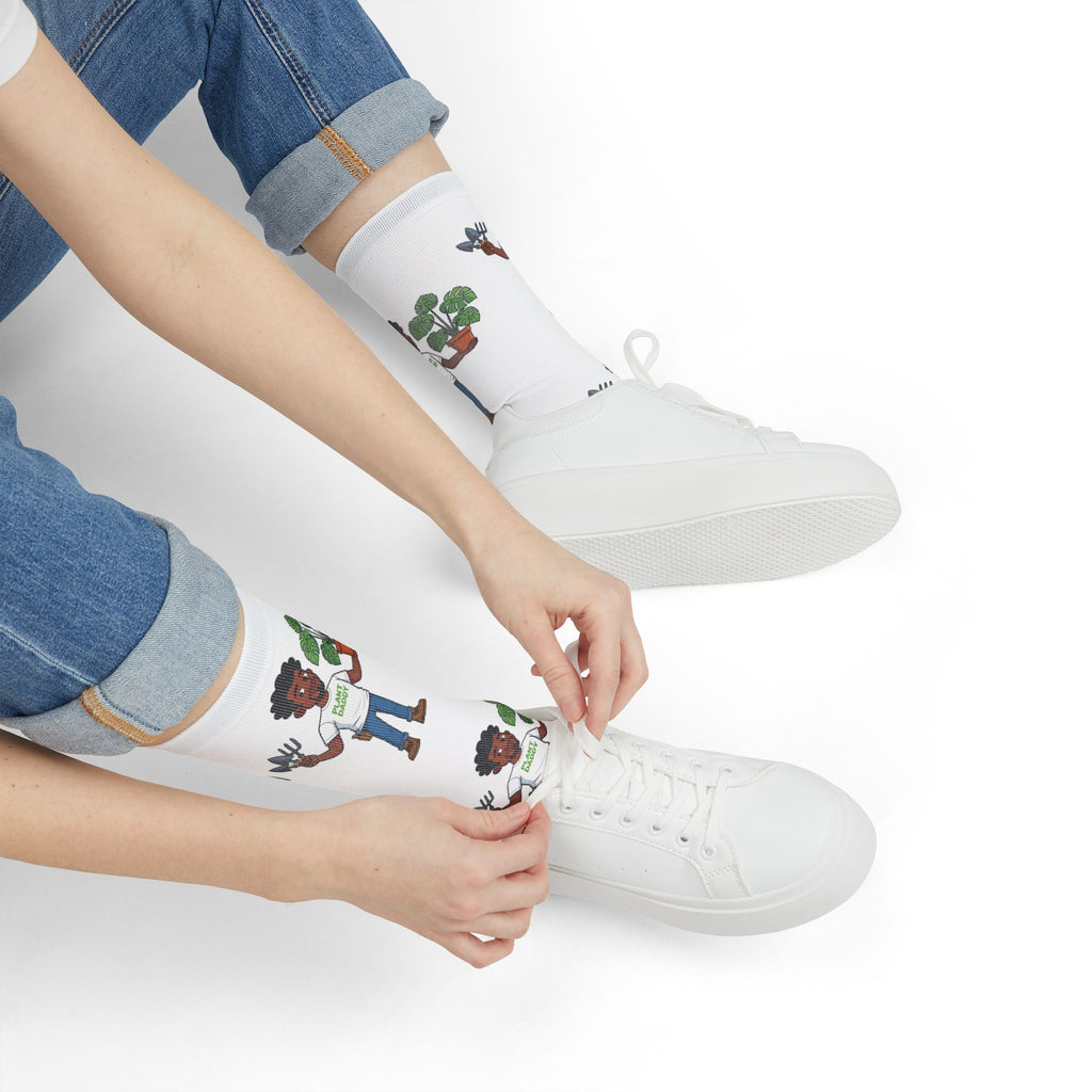 Plant Lover Crew Socks — Cute Gardener Character Sublimation Socks